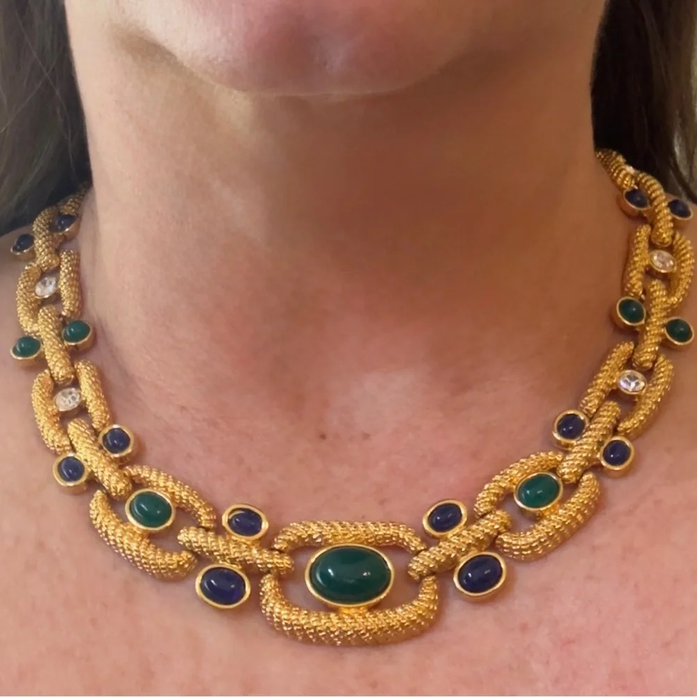 Vintage Byzantine style Mogul Gold Tone CH Carolina Herrera Statement Necklace - Picture 1 of 10